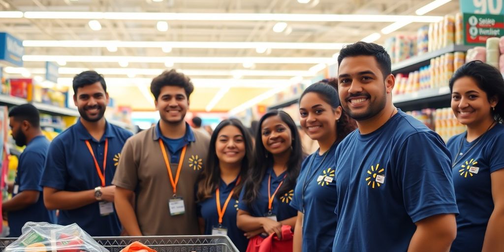 Group of employees working together in a Walmart store.