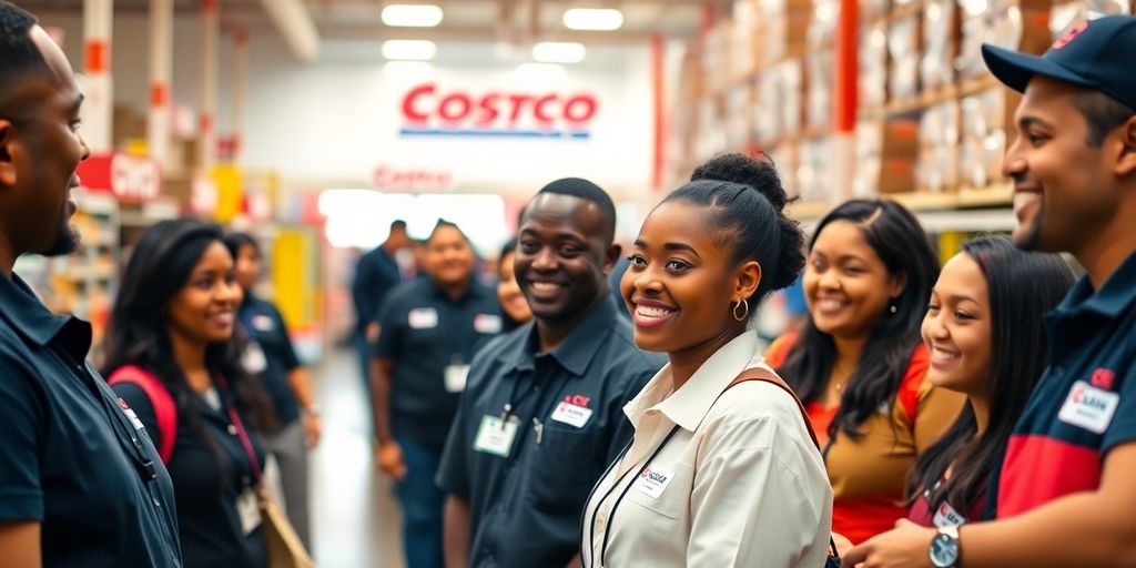 Diverse Costco employees smiling in a busy store environment.