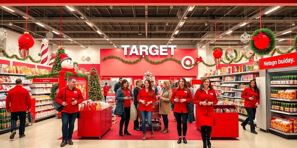 Holiday-themed Target store display with shoppers and staff.