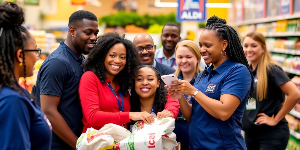 Diverse Aldi employees collaborating in a vibrant store setting.