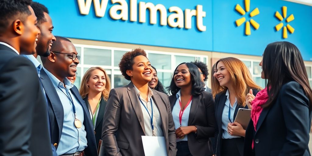 Diverse job seekers outside Walmart discussing employment opportunities.