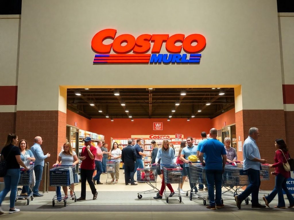 People shopping at a busy Costco store entrance.
