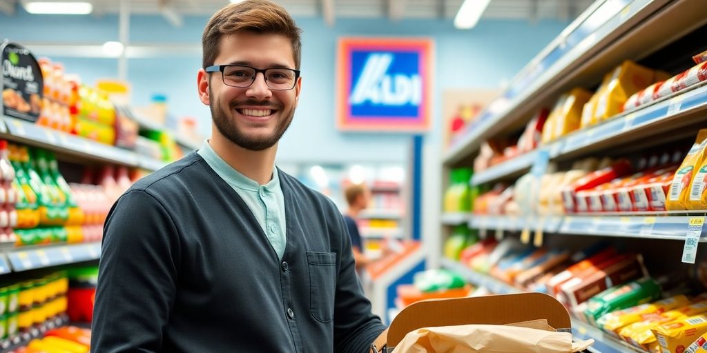 Aldi store associate stocking shelves with groceries.