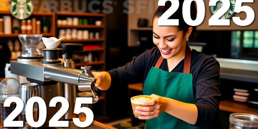 Barista making latte art at Starbucks café.