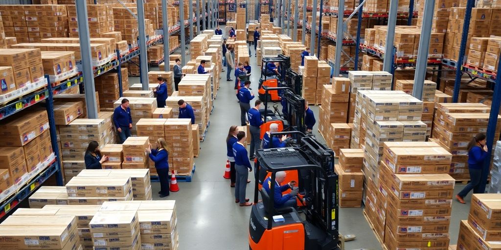 Employees working in an Aldi warehouse filled with products.