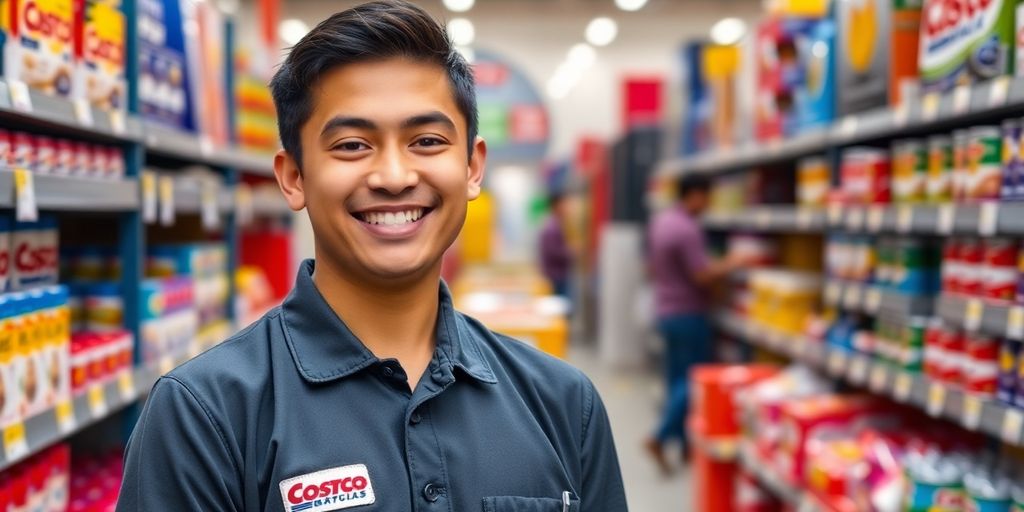 Smiling worker in Costco uniform in a vibrant store aisle.