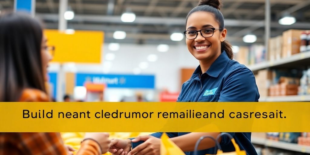 Walmart employee helping customers in a bright store.