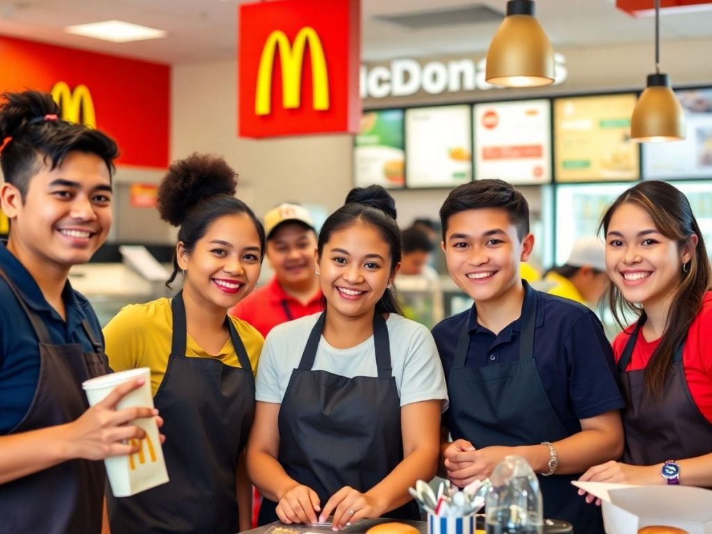 McDonald's employees collaborating in a vibrant restaurant environment.