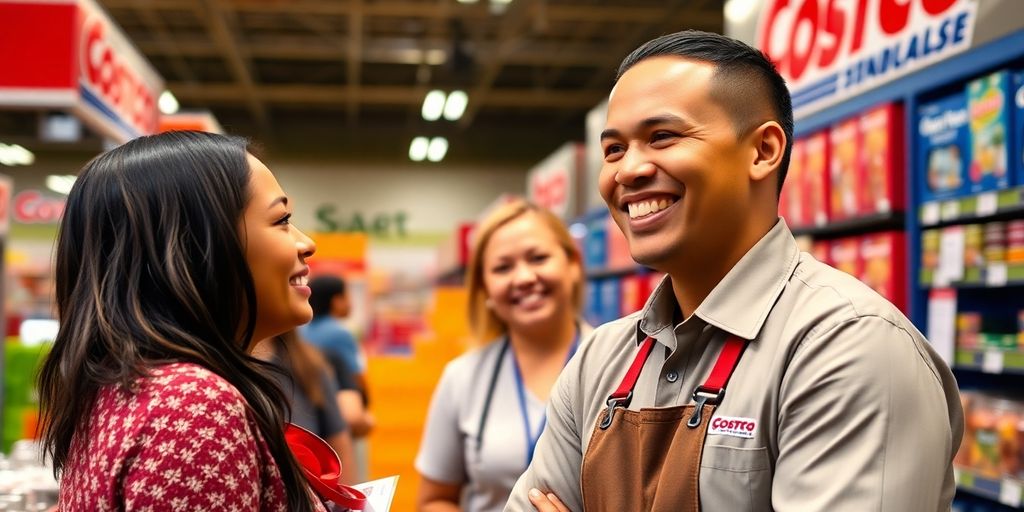 Happy Costco employee engaging with customers in store.