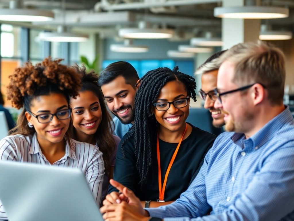 Diverse Amazon employees collaborating in a modern office.
