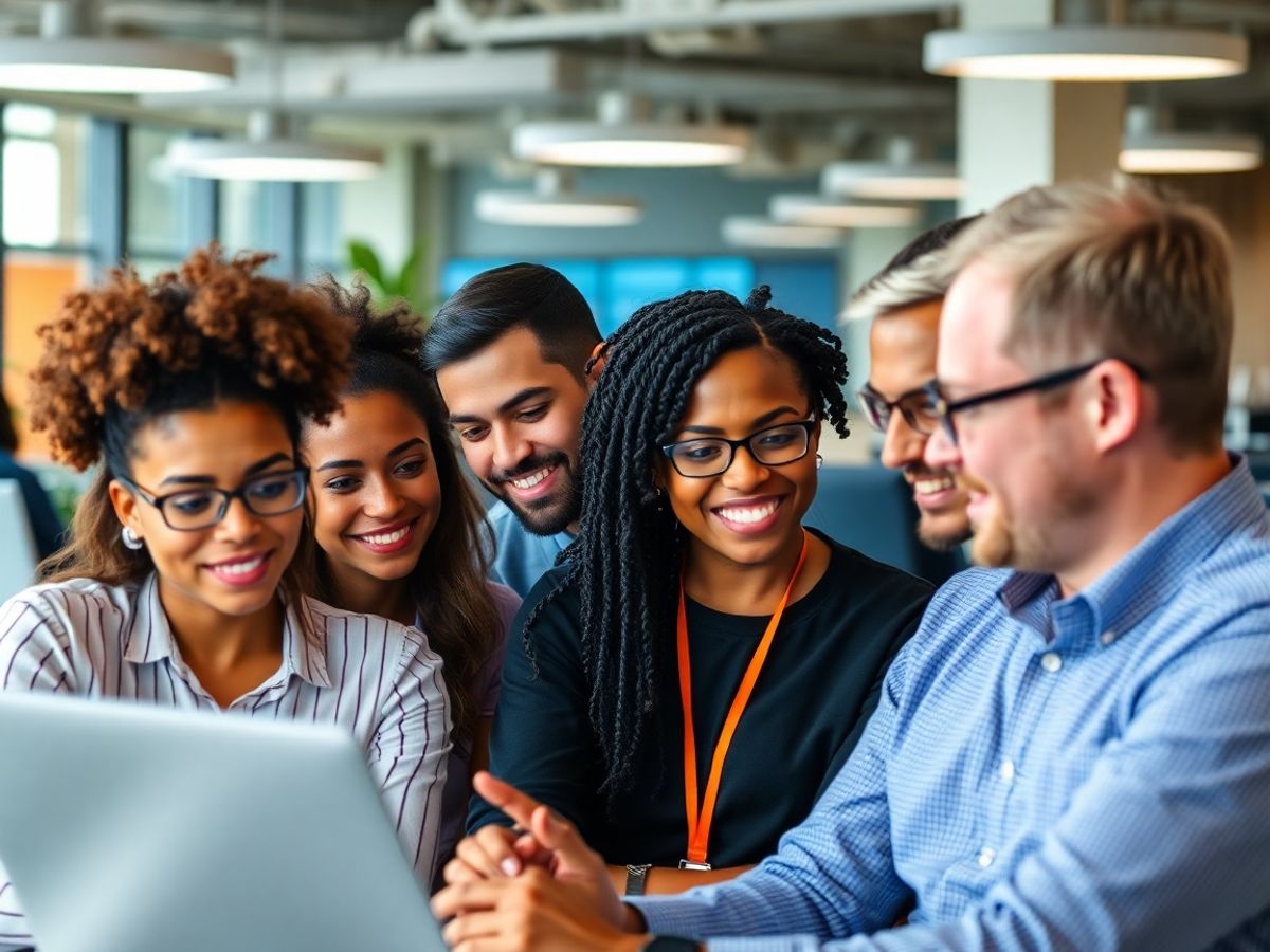 Diverse Amazon employees collaborating in a modern office.
