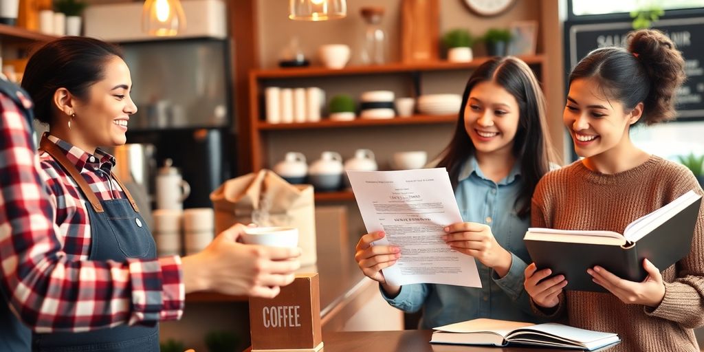 Barista serving coffee and employees celebrating education.