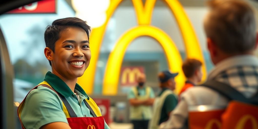 Smiling McDonald's employee at the drive-thru window.