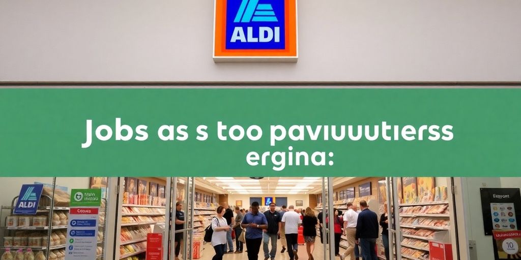 Aldi store entrance with customers and bright signage.