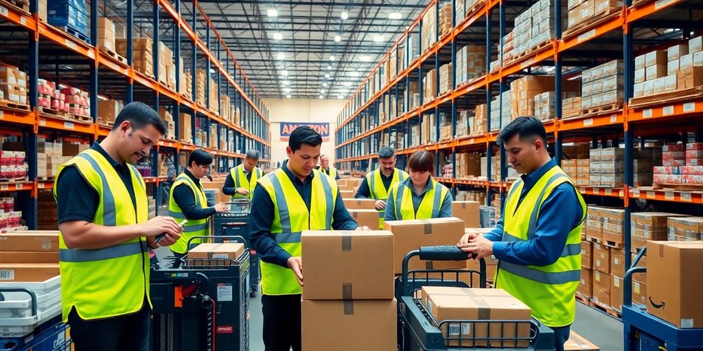 Warehouse workers in Amazon facility handling packages efficiently.